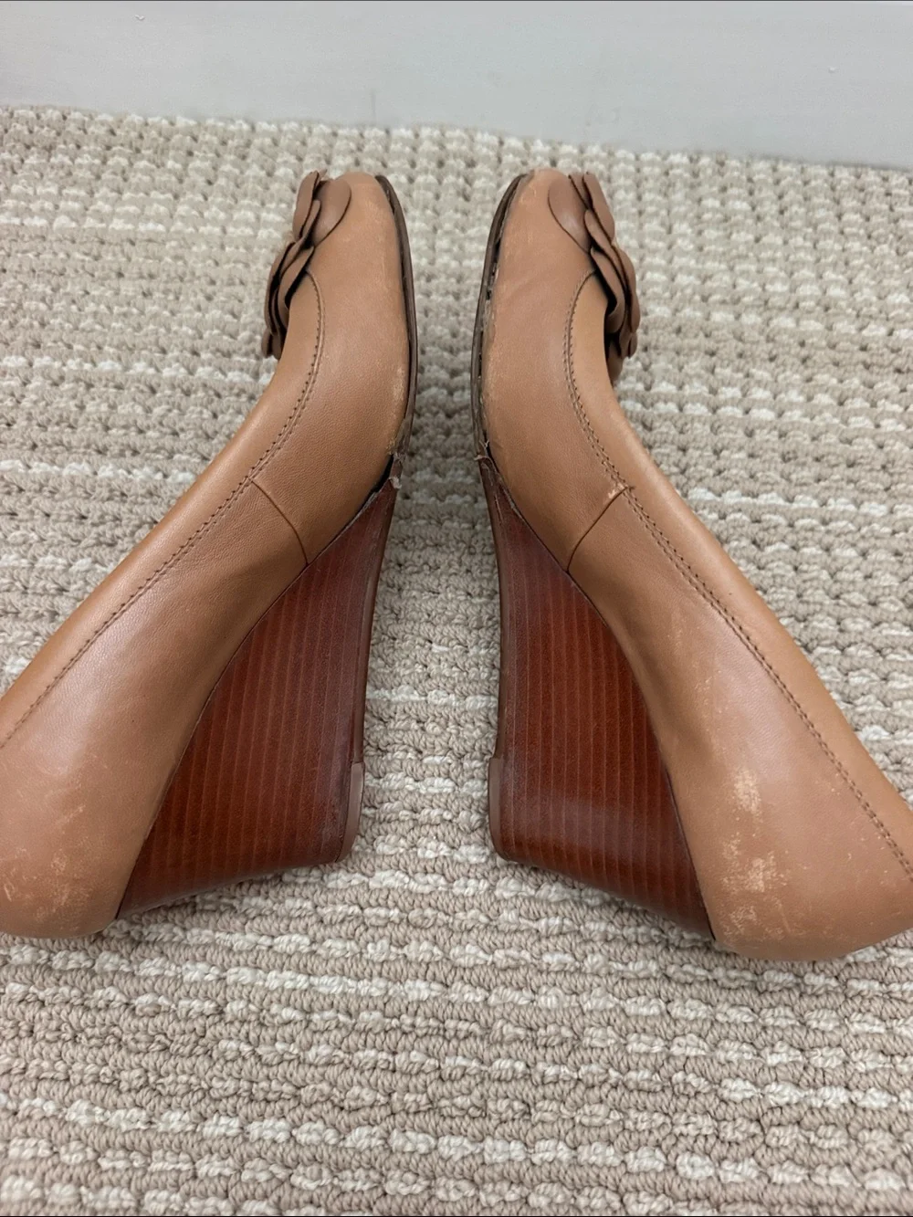 Tory Burch Tan Quilted Leather Logo Flower Ballet Flats